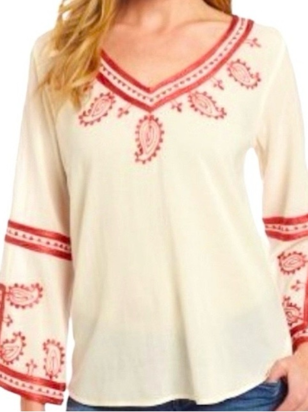 Lucky Brand Topanga Cream Tunic with Red Paisley Trim